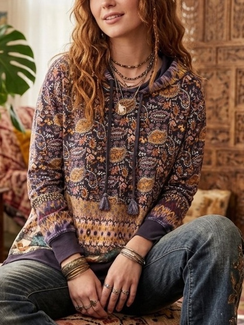 Johnny Was Large Betzy High Low Purple Multi Pattern Paisley Pullover Hoodie